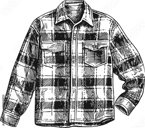 Plaid flannel shirt with long sleeves and chest pockets, casual outerwear garment for cool weather