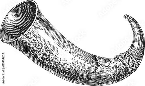 Hand drawn vintage hunting horn with decorative engravings and curved mouthpiece