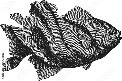 Vintage illustration of a deep sea fish with large fins and textured body in black and white