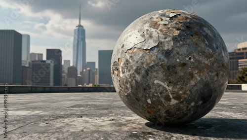 Sphere on Concrete Roof: A large, weathered sphere rests on a concrete rooftop, overlooking a modern cityscape under a cloudy sky. 