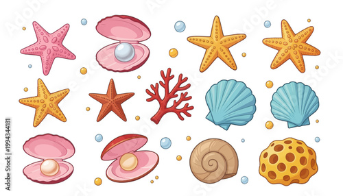 Sea Life Collection Vector Illustration Featuring Starfish, Pearl Oysters, Seashells and Coral Reef Elements Isolated on Transparent Background