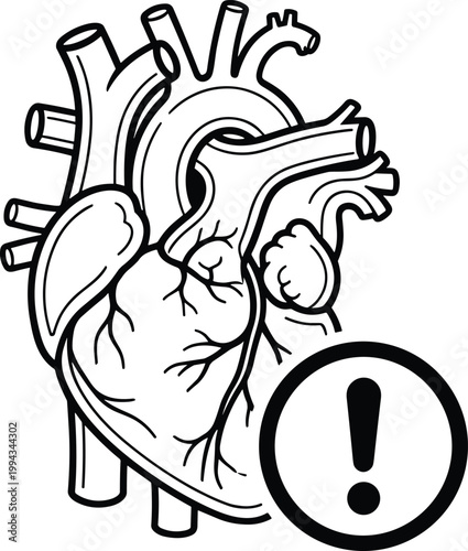Human heart anatomy illustration with warning symbol representing cardiovascular risk, medical alert, disease awareness and healthcare concept