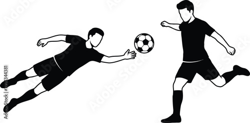 Two soccer players in dynamic action one kicking the ball while the other dives to block in a competitive match