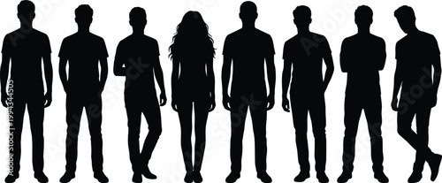 Silhouettes of a diverse group of people standing in a row on a plain white background creating a minimalist and modern aesthetic