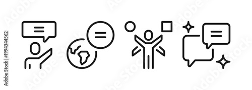 Social equality and human rights icons set, diversity, fairness, equal opportunity and inclusion concept, community support and ethical values symbols, linear outline design, flat vector illustration.