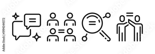Social equality and human rights icons set, diversity, fairness, equal opportunity and inclusion concept, community support and ethical values symbols, linear outline design, flat vector illustration.