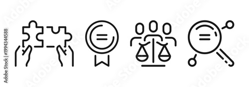 Equality and justice icons set, legal rights, law balance, equal status and policy symbols, court and regulation concepts, linear outline elements, flat vector illustration.