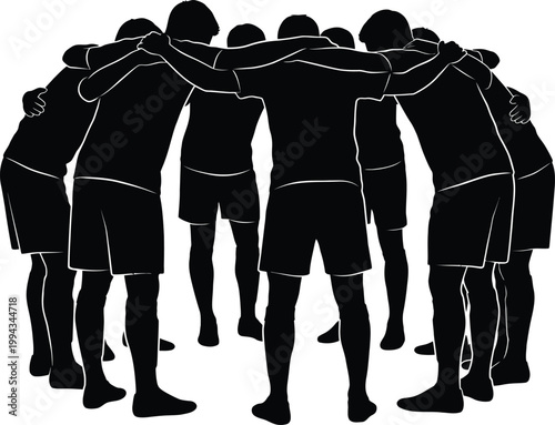 Silhouetted group of athletes huddling together in a circle with arms around shoulders teamwork and unity concept black and white vector illustration with white outlines
