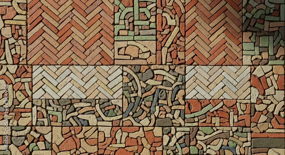 Fototapeta premium Intricate Ceramic Tile Mosaic Wall with Geometric Patterns and Figures
