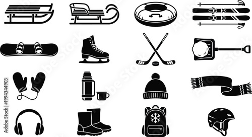 Collection of black and white winter sports and outdoor activity icons including sleds skis skates hockey gear and cold weather accessories