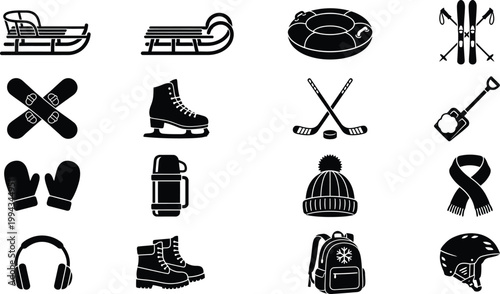 Black and white icons of winter sports equipment and gear including sled snowboard skis skates mittens boots and more

