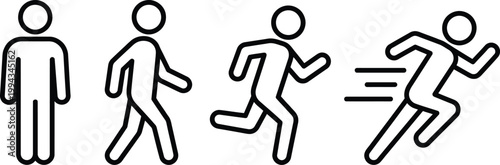 Progression of motion illustrated with minimalist stick figures running in sequence showing acceleration and speed

