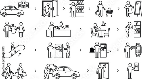 Illustrated sequence of daily activities featuring shopping commuting working and interacting in minimalist black and white style
