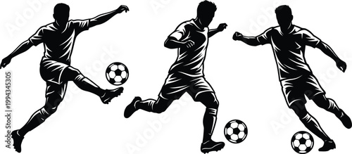 Dynamic silhouettes of three soccer players in action kicking balls in mid air against a clean white background