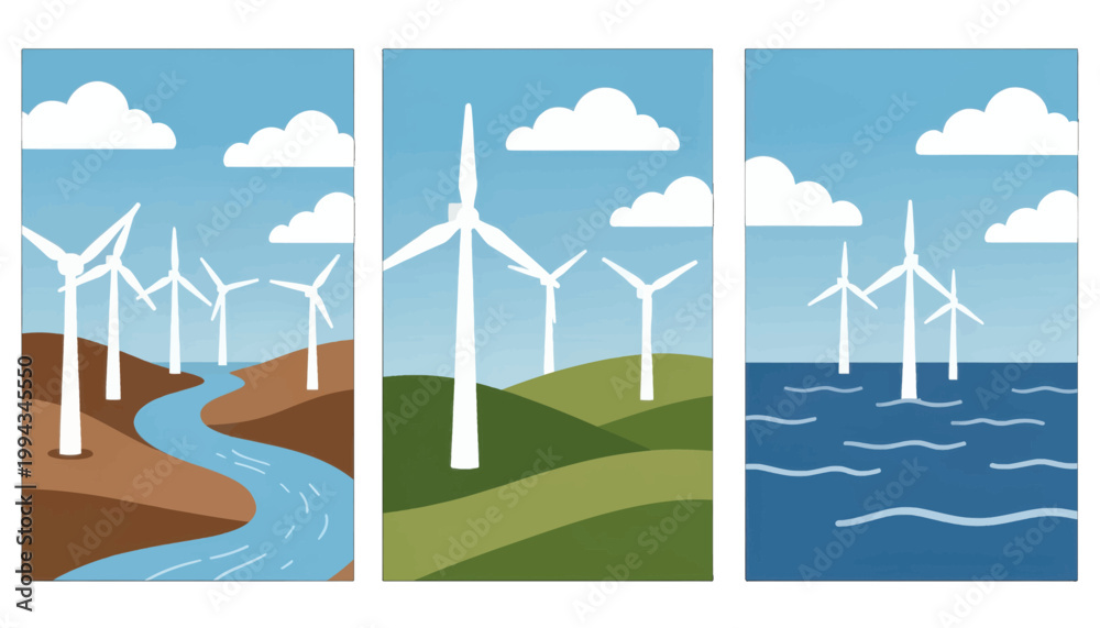 Fototapeta premium Wind Turbine Farm Vector Illustration, Renewable Energy Icons Isolated on Transparent Background for Web and App Design