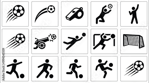 Black and white icons of soccer players balls referee whistles and goalposts on a minimalist grid layout