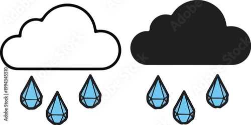 A black cloud and a white cloud with raindrops isolated on white background, Vector