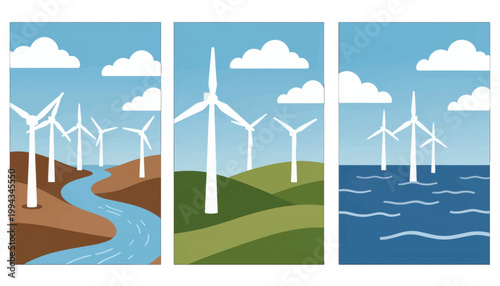 Wind Turbine Farm Vector Illustration, Renewable Energy Icons Isolated on Transparent Background for Web and App Design