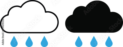 A black and white illustration of clouds with rain isolated on white background, Vector