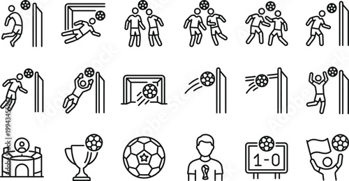 Soccer icons depicting players goalkeepers referees trophies and stadium elements in minimalist black and white outlines for sports themes
