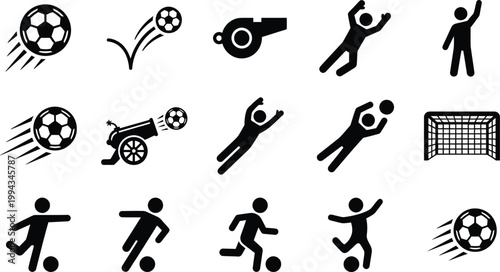 Dynamic soccer icons featuring players balls and action symbols in bold black and white design for sports themes