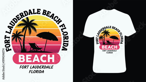 White t shirt with vibrant fort lauderdale beach florida graphic design featuring silhouettes of palm trees a beach umbrella and a relaxing beach chair against a sunset background
