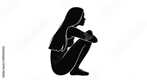 A minimalist black silhouette depicts a young woman crouching in a contemplative sorrowful pose