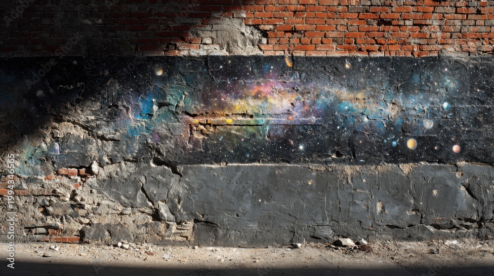 Fototapeta premium Weathered brick wall with vibrant space graffiti and a dark copy space for bold messaging
