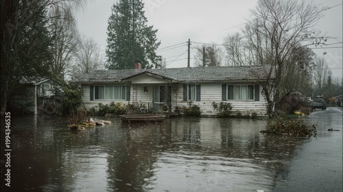 Waterlogged Front Yard and House in a Suburban Neighborhood