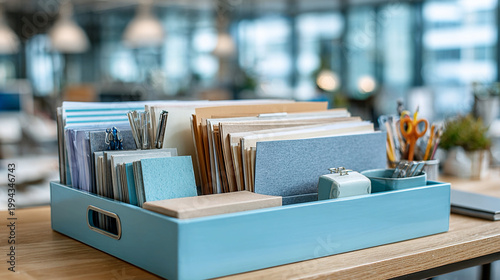 Office outbox tray with neatly arranged documents, folders, office supplies, professional workspace, modern corporate interior, productivity-enhancing business setup