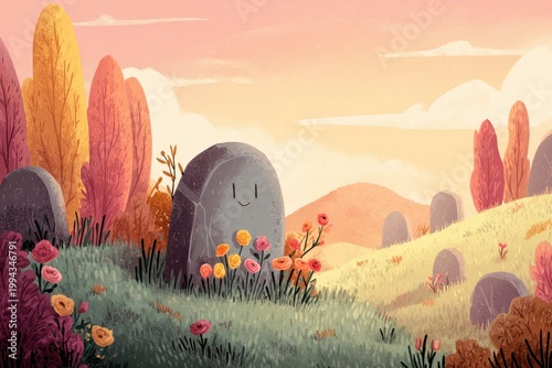 Whimsical cartoon graveyard scene with a smiling tombstone and cute skull among pastel flowers