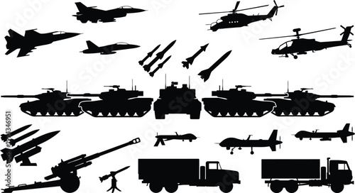 Silhouettes of military vehicles aircraft tanks and weaponry in a modern defense concept showcasing power and technology