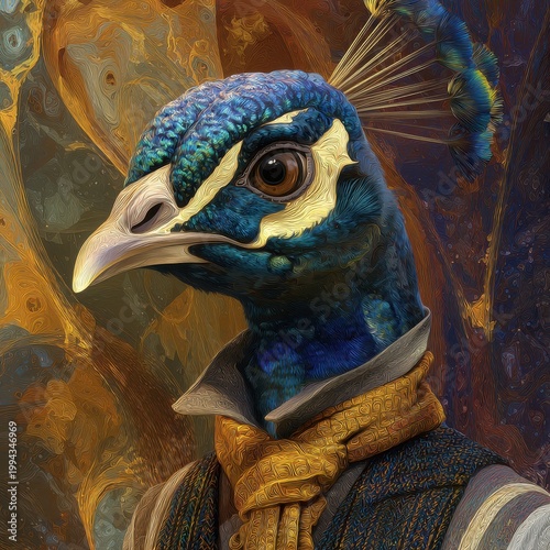 Whimsical Peacock in Fashionable Outfit: Surreal Anthropomorphic Portrait