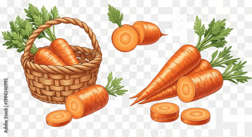 Illustrated set of fresh orange carrots including a wicker basket filled with vegetables, whole carrots with green leafy tops, and various sliced pieces isolated on background.
