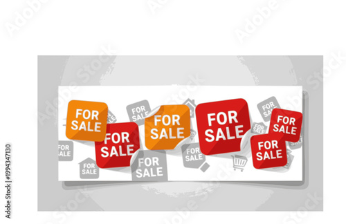 For Sale Square Sticker Banner. Flat Vector Promotional Sign for Real Estate and Retail Business.