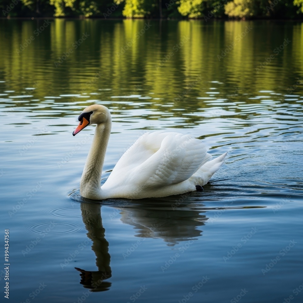 Fototapeta premium Elegant White Swan Gracefully Gliding on Calm Lake Water.