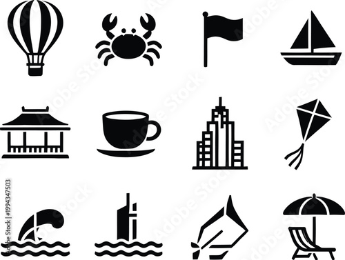 Black and white icons of a hot air balloon crab flag sailboat pavilion coffee cup skyscraper kite beach umbrella buoy tent and chair symbolizing travel leisure and adventure
