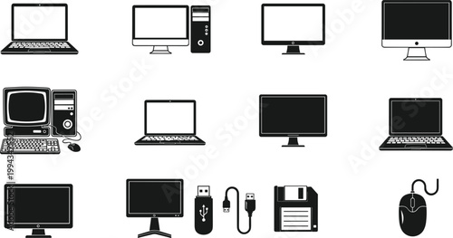 Computer Hardware and Digital Technology Silhouette Icon Set Featuring Modern Laptops Desktop PC Monitors Vintage Retro Workstation USB Flash Drive Floppy Disk and Mouse Vector Illustration