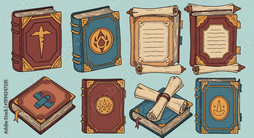 Collection of hand-drawn magic spellbooks, ancient grimoires, and parchment scrolls with mystical symbols on leather covers, featuring blue and red hardbound books with gold accents.