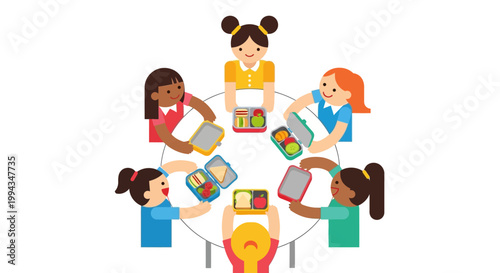 Illustration of diverse children enjoying lunch together at a round table