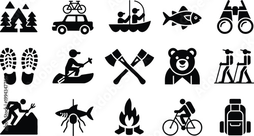 Outdoor adventure icons featuring camping hiking fishing and sports in minimalist black and white vector style
