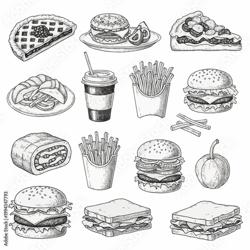 Hand-drawn engraving style fast food illustration set featuring burgers, french fries, coffee cup, sandwiches, burrito, and fruit pie slices isolated on white background.