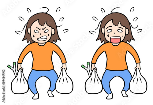 重い買い物袋を抱え髪を振り乱し大汗をかきながら必死に歩くコミカルな女性のイラスト