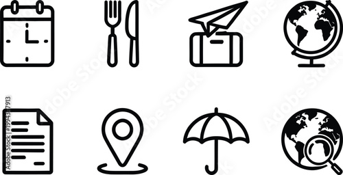 Flat design icons illustrating travel time management food and navigation featuring a globe calendar cutlery map umbrella and magnifying glass