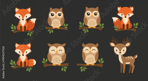 Cute woodland animal illustrations featuring orange foxes, brown owls with large eyes perched on leafy branches, and a spotted deer with antlers, set against a dark gray background.