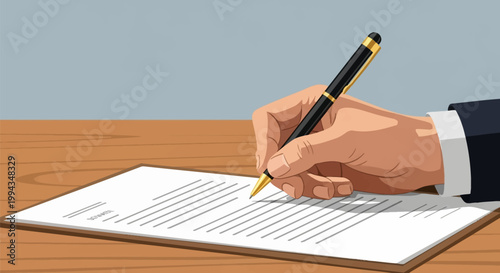 Close-up vector illustration of a person's hand in a formal suit sleeve signing a legal document with a black and gold pen on a wooden desk surface background.