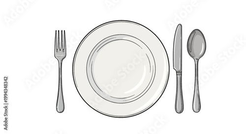 Vector illustration of a complete formal dining table place setting including a white ceramic plate, stainless steel fork, knife, and spoon arranged on a plain white background.