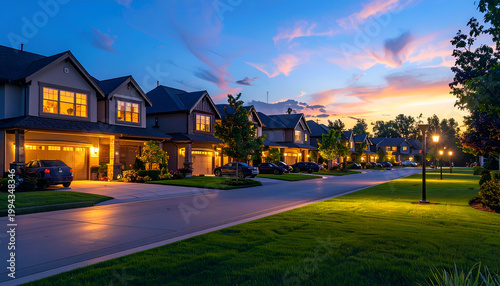 A picturesque suburban street glows warmly under a vibrant sunset, showcasing a row of modern homes with well-manicured lawns and parked vehicles.