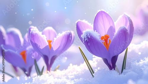 Vibrant purple crocuses emerge from a blanket of snow, symbolizing the arrival of spring and the beauty of nature's resilience.