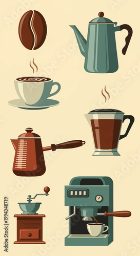 Set of retro coffee equipment illustrations featuring a roasted bean, teal percolator, steaming cup, glass mug, Turkish cezve, manual grinder, and vintage espresso machine.